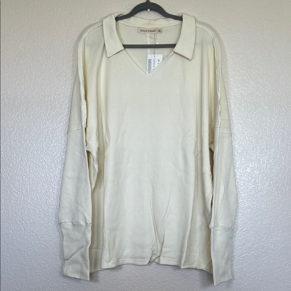 Cream waffle knit collared top, size 3X